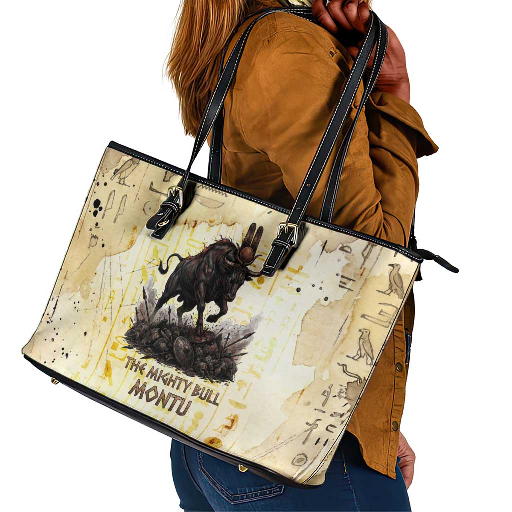 Montu Egyptian Leather Tote Bag War God Mighty Bull Symbol Ancient Power Hieroglyphic
