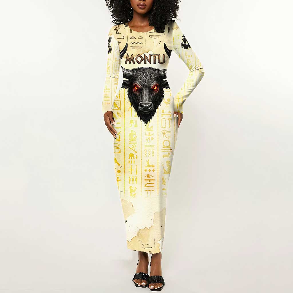 Montu Egyptian Long Sleeve Bodycon Dress War God Mighty Bull Symbol Ancient Power Hieroglyphic