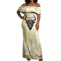 Montu Egyptian Off Shoulder Maxi Dress War God Mighty Bull Symbol Ancient Power Hieroglyphic