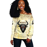 Montu Egyptian Off Shoulder Sweater War God Mighty Bull Symbol Ancient Power Hieroglyphic