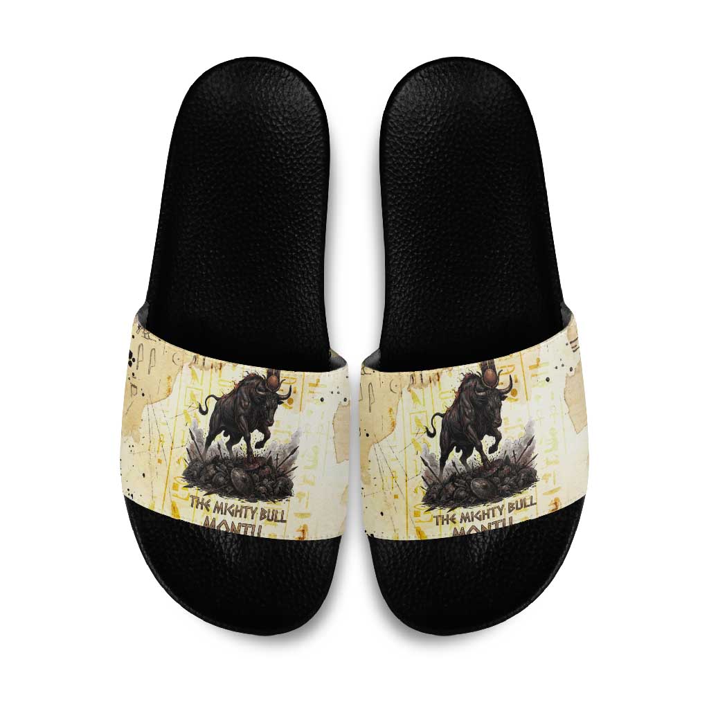Montu Egyptian Slide Sandals War God Mighty Bull Symbol Ancient Power Hieroglyphic