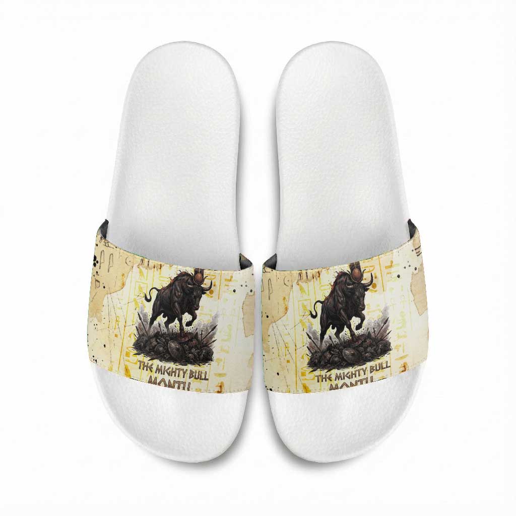 Montu Egyptian Slide Sandals War God Mighty Bull Symbol Ancient Power Hieroglyphic