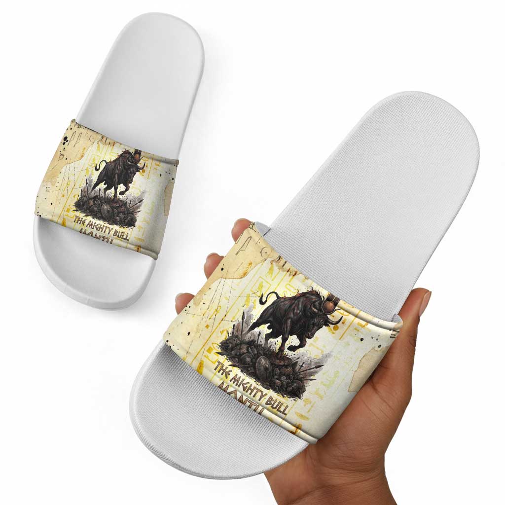 Montu Egyptian Slide Sandals War God Mighty Bull Symbol Ancient Power Hieroglyphic