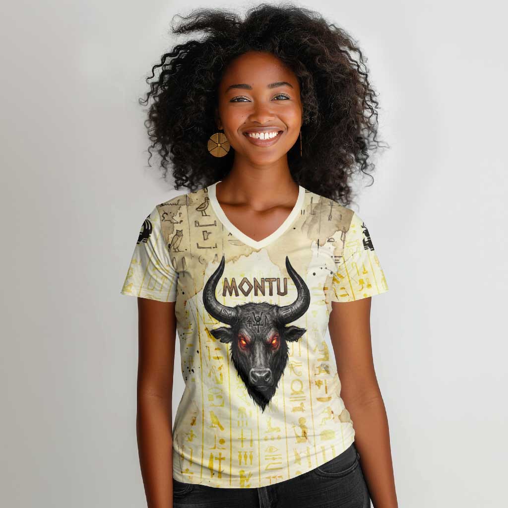 Montu Egyptian Women V-Neck T-Shirt War God Mighty Bull Symbol Ancient Power Hieroglyphic