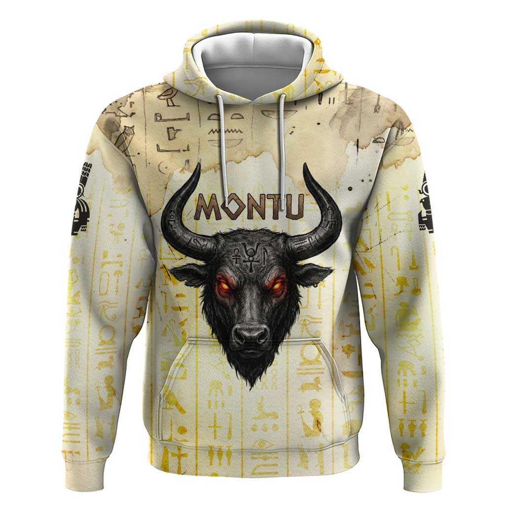 Montu Egyptian Zip Hoodie War God Mighty Bull Symbol Ancient Power Hieroglyphic