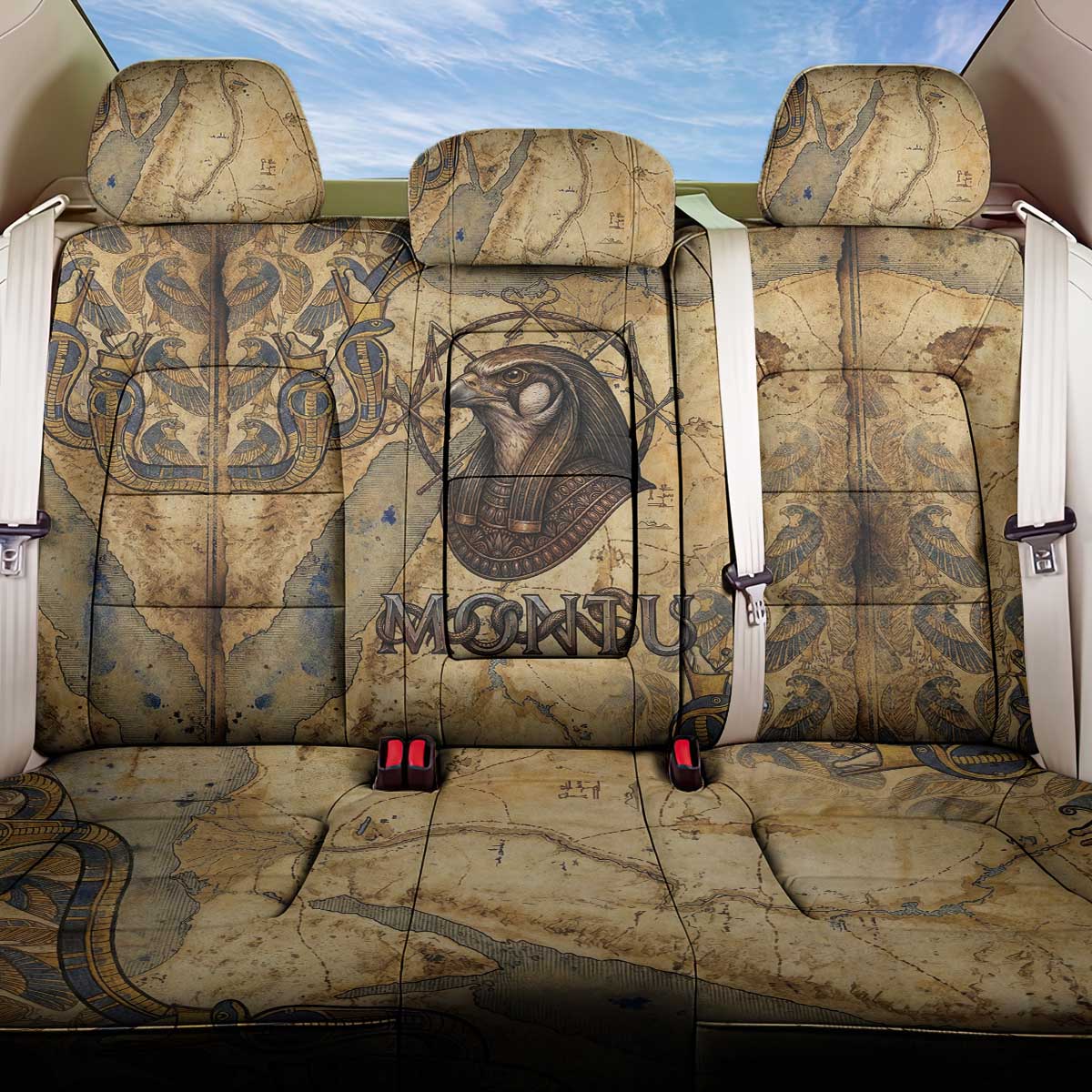 Montu Back Car Seat Cover Falcon Head War God Ancient Egyptian Map Feathers and Sun Disk