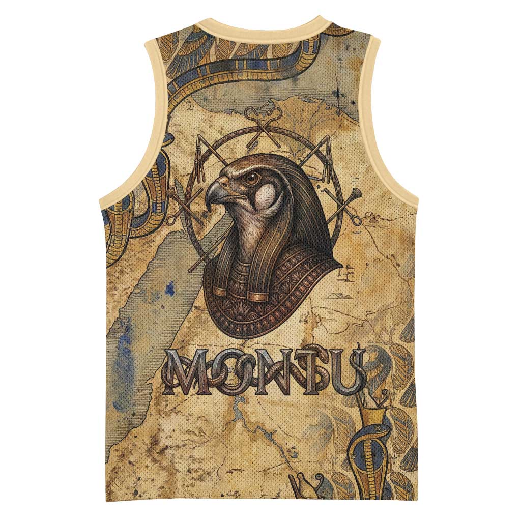 Montu Basketball Jersey Falcon Head War God Ancient Egyptian Map Feathers and Sun Disk