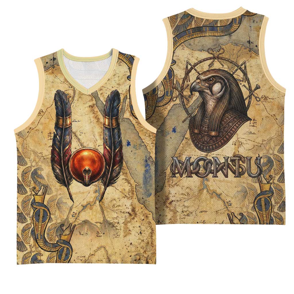 Montu Basketball Jersey Falcon Head War God Ancient Egyptian Map Feathers and Sun Disk