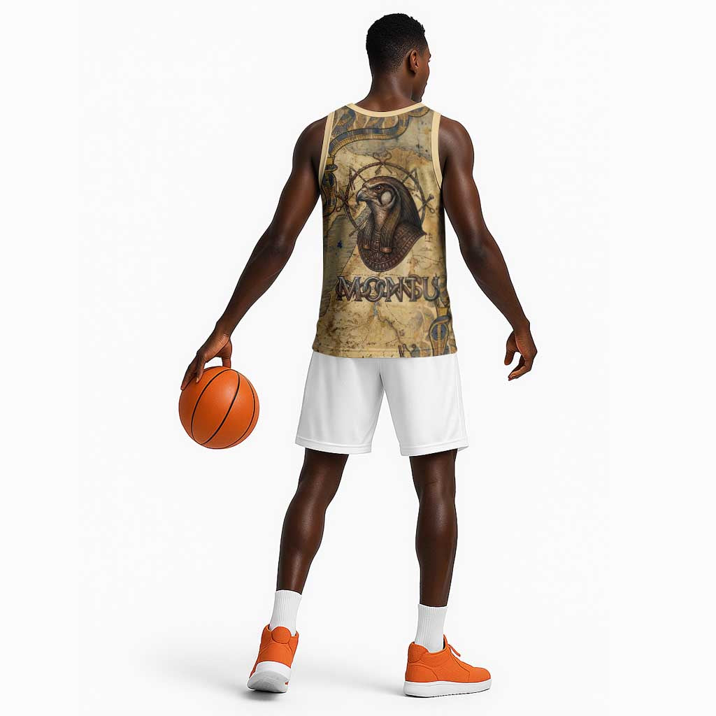 Montu Basketball Jersey Falcon Head War God Ancient Egyptian Map Feathers and Sun Disk