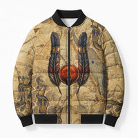 Montu Bomber Puffer Jacket Falcon Head War God Ancient Egyptian Map Feathers and Sun Disk