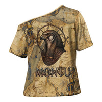 Montu Cross Shoulder Shirt Falcon Head War God Ancient Egyptian Map Feathers and Sun Disk