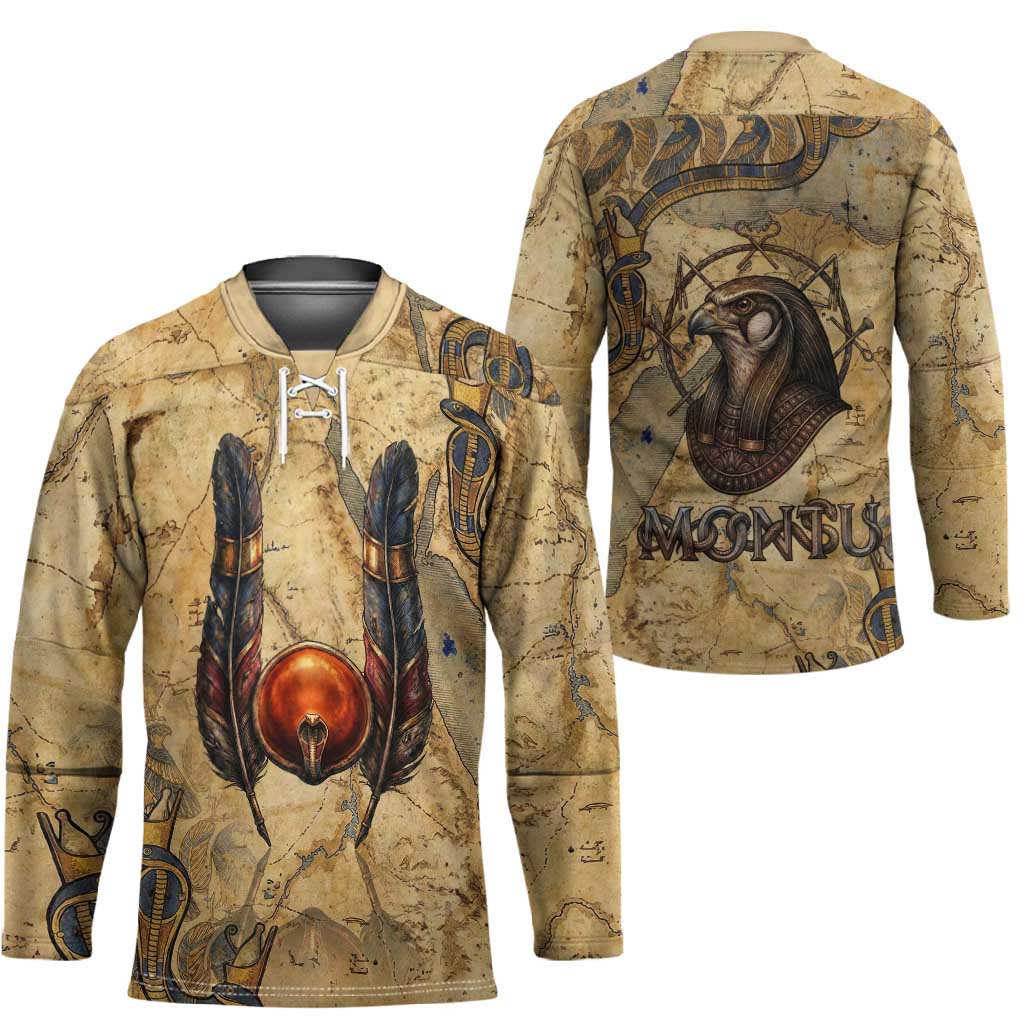 Montu Hockey Jersey Falcon Head War God Ancient Egyptian Map Feathers and Sun Disk