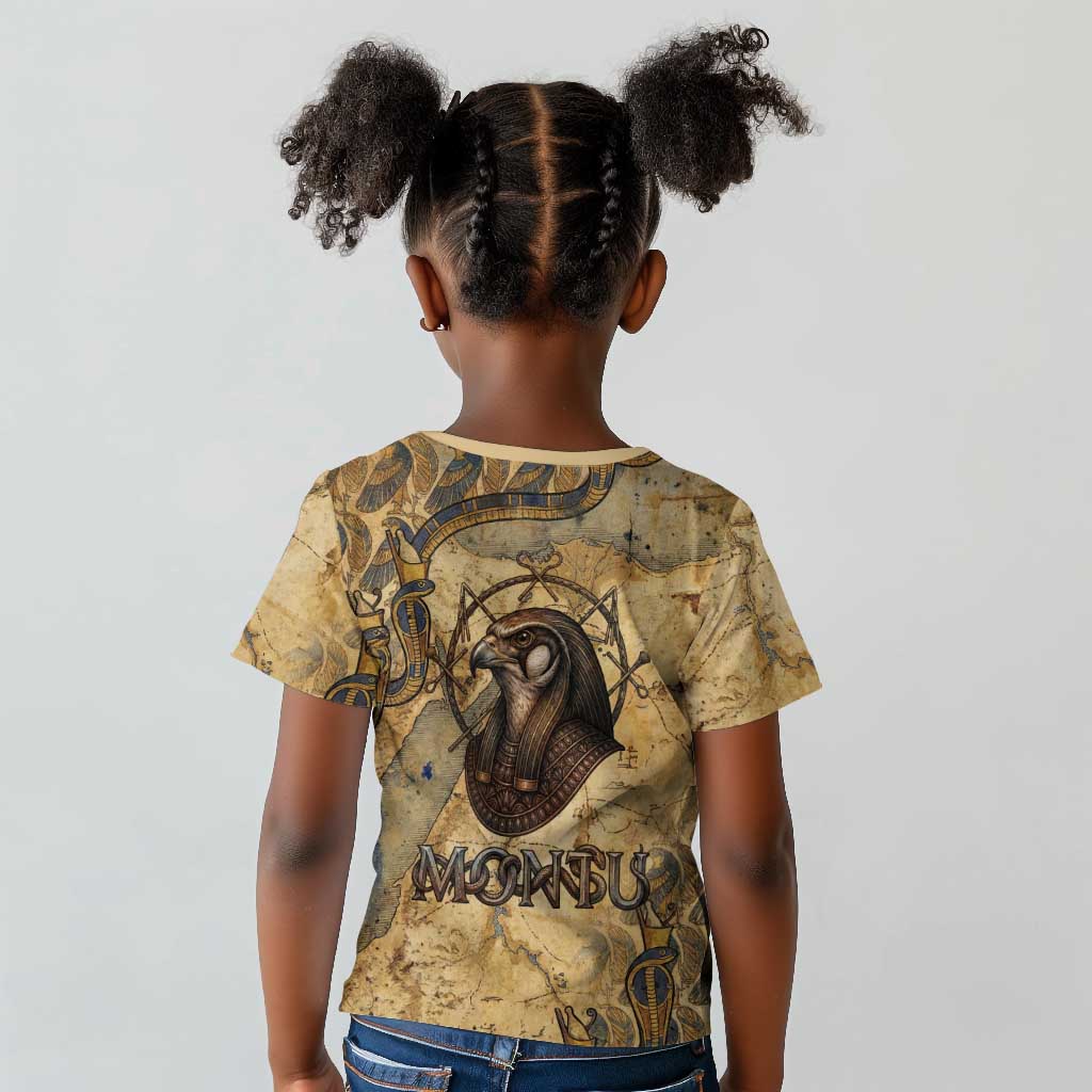 Montu Kid T shirt Falcon Head War God Ancient Egyptian Map Feathers and Sun Disk