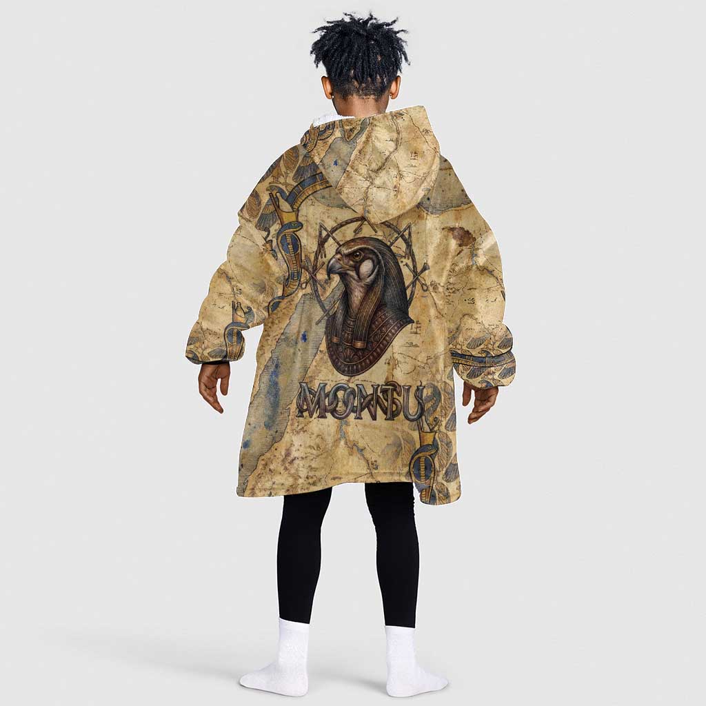 Montu Kid Wearable Blanket Hoodie Falcon Head War God Ancient Egyptian Map Feathers and Sun Disk