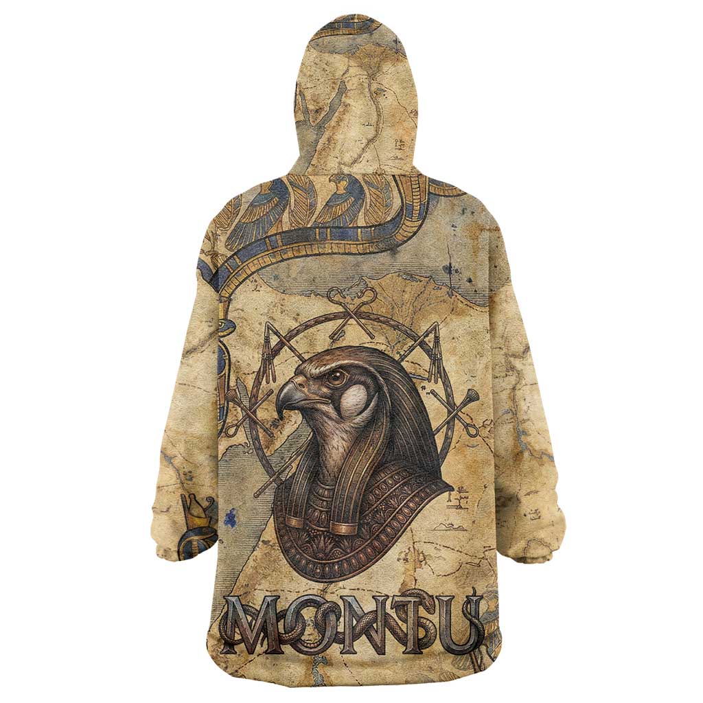 Montu Kid Wearable Blanket Hoodie Falcon Head War God Ancient Egyptian Map Feathers and Sun Disk