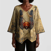 Montu Kimono Sleeve Blouse Falcon Head War God Ancient Egyptian Map Feathers and Sun Disk