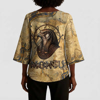 Montu Kimono Sleeve Blouse Falcon Head War God Ancient Egyptian Map Feathers and Sun Disk