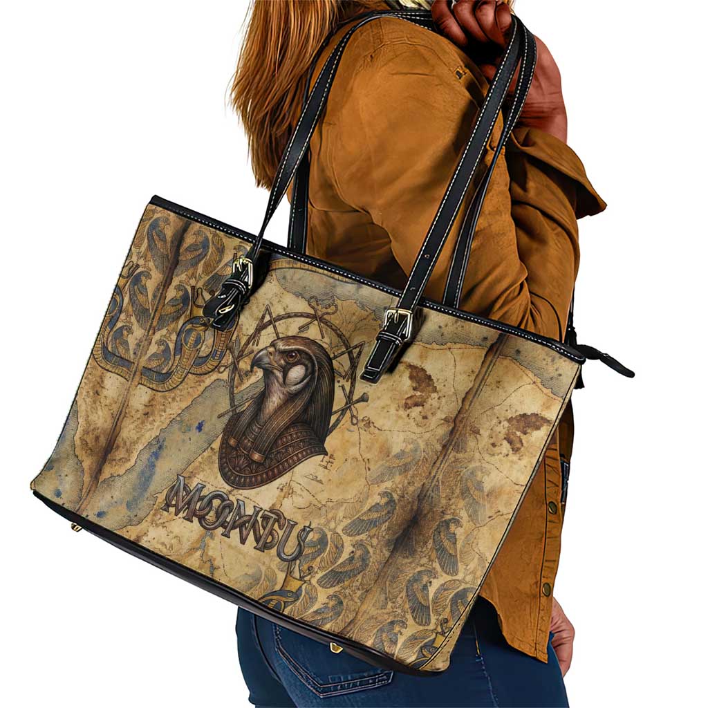 Montu Leather Tote Bag Falcon Head War God Ancient Egyptian Map Feathers and Sun Disk