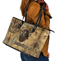 Montu Leather Tote Bag Falcon Head War God Ancient Egyptian Map Feathers and Sun Disk