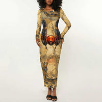 Montu Long Sleeve Bodycon Dress Falcon Head War God Ancient Egyptian Map Feathers and Sun Disk