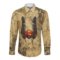 Montu Long Sleeve Button Shirt Falcon Head War God Ancient Egyptian Map Feathers and Sun Disk