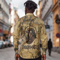 Montu Long Sleeve Button Shirt Falcon Head War God Ancient Egyptian Map Feathers and Sun Disk