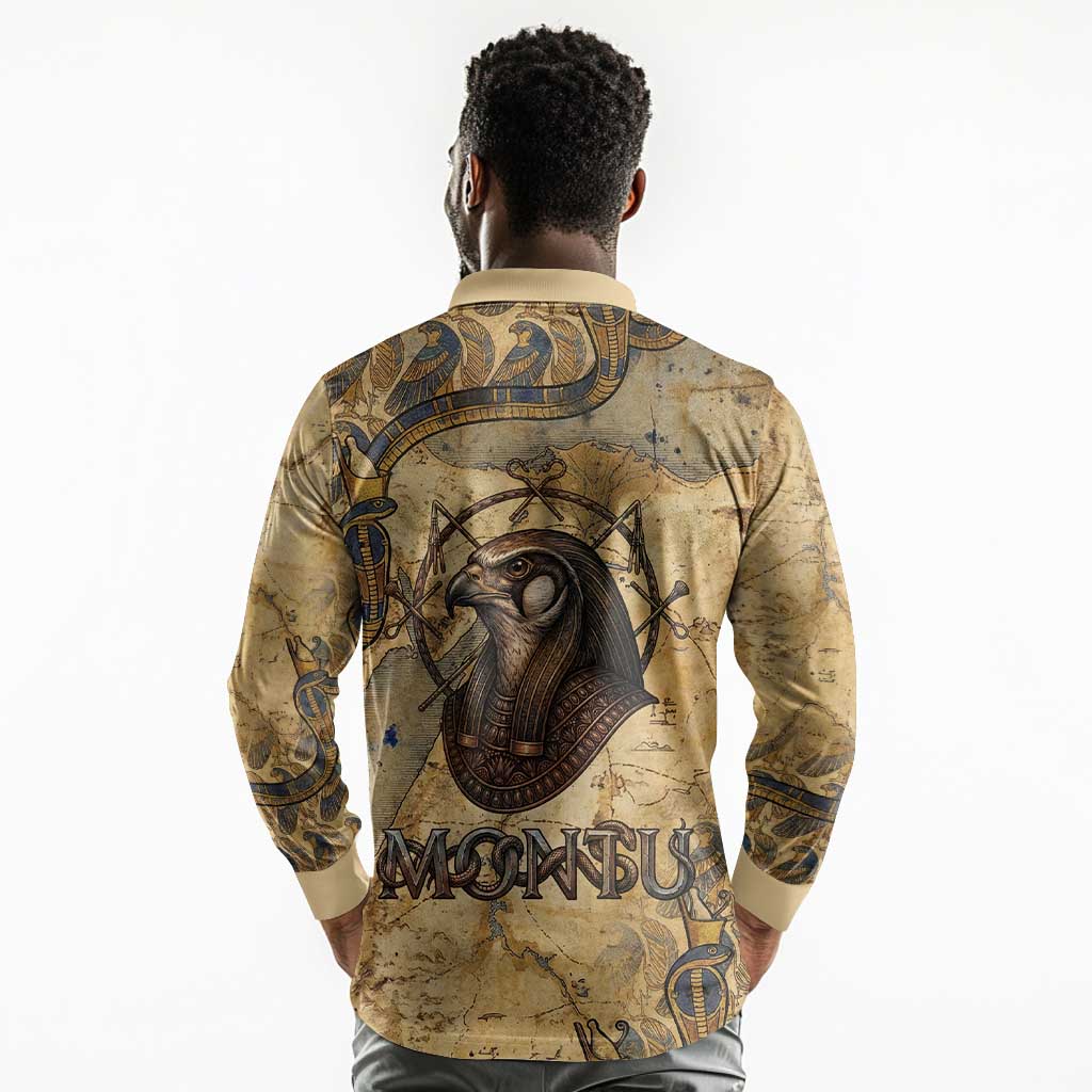 Montu Long Sleeve Polo Shirt Falcon Head War God Ancient Egyptian Map Feathers and Sun Disk