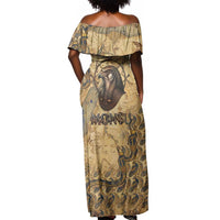 Montu Off Shoulder Maxi Dress Falcon Head War God Ancient Egyptian Map Feathers and Sun Disk