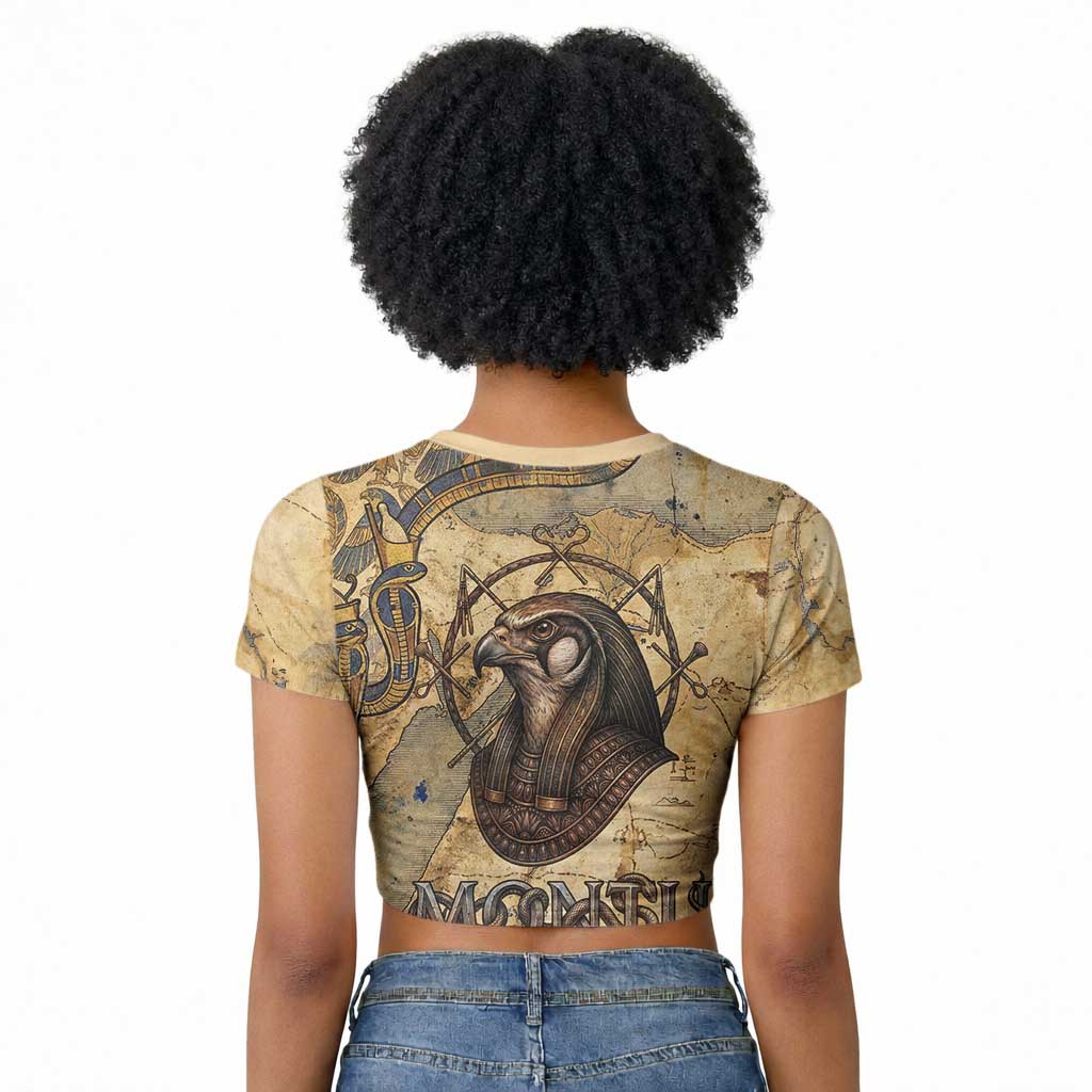 Montu Raglan Cropped T shirt Falcon Head War God Ancient Egyptian Map Feathers and Sun Disk