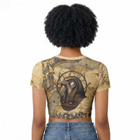 Montu Raglan Cropped T shirt Falcon Head War God Ancient Egyptian Map Feathers and Sun Disk