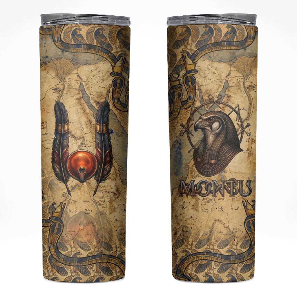 Montu Skinny Tumbler Falcon Head War God Ancient Egyptian Map Feathers and Sun Disk