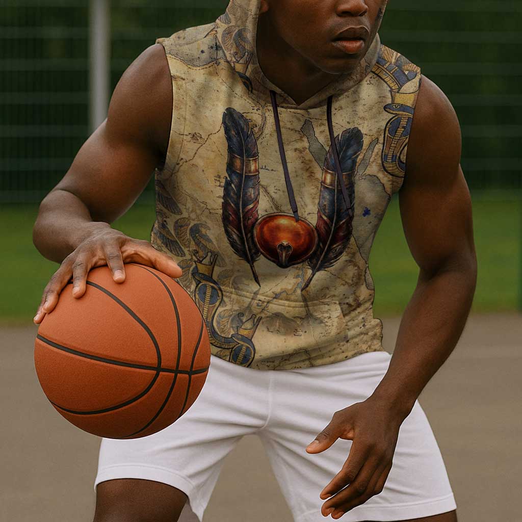 Montu Sleeveless Hoodie Falcon Head War God Ancient Egyptian Map Feathers and Sun Disk