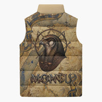 Montu Sleeveless Puffer Jacket Falcon Head War God Ancient Egyptian Map Feathers and Sun Disk