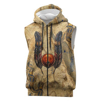 Montu Sleeveless Zip Hoodie Falcon Head War God Ancient Egyptian Map Feathers and Sun Disk