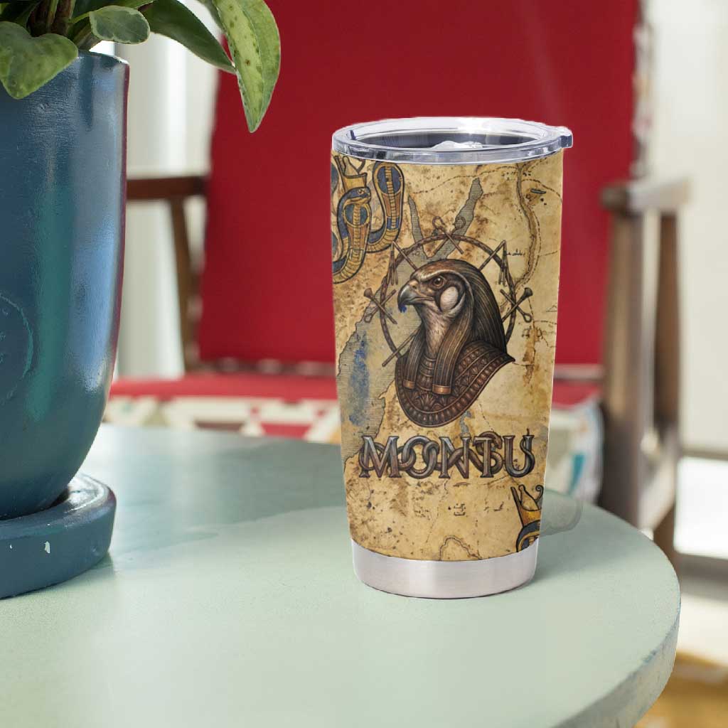 Montu Tumbler Cup Falcon Head War God Ancient Egyptian Map Feathers and Sun Disk