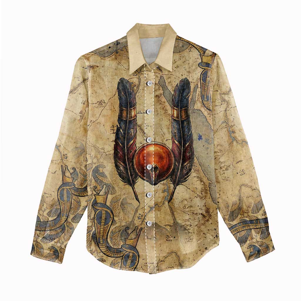 Montu Women Casual Shirt Falcon Head War God Ancient Egyptian Map Feathers and Sun Disk