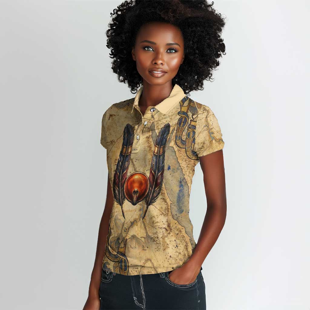 Montu Women Polo Shirt Falcon Head War God Ancient Egyptian Map Feathers and Sun Disk