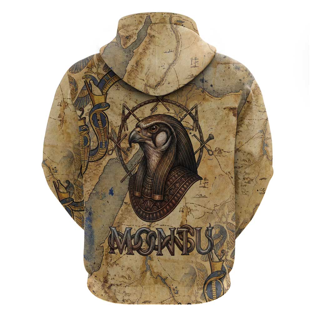 Montu Zip Hoodie Falcon Head War God Ancient Egyptian Map Feathers and Sun Disk