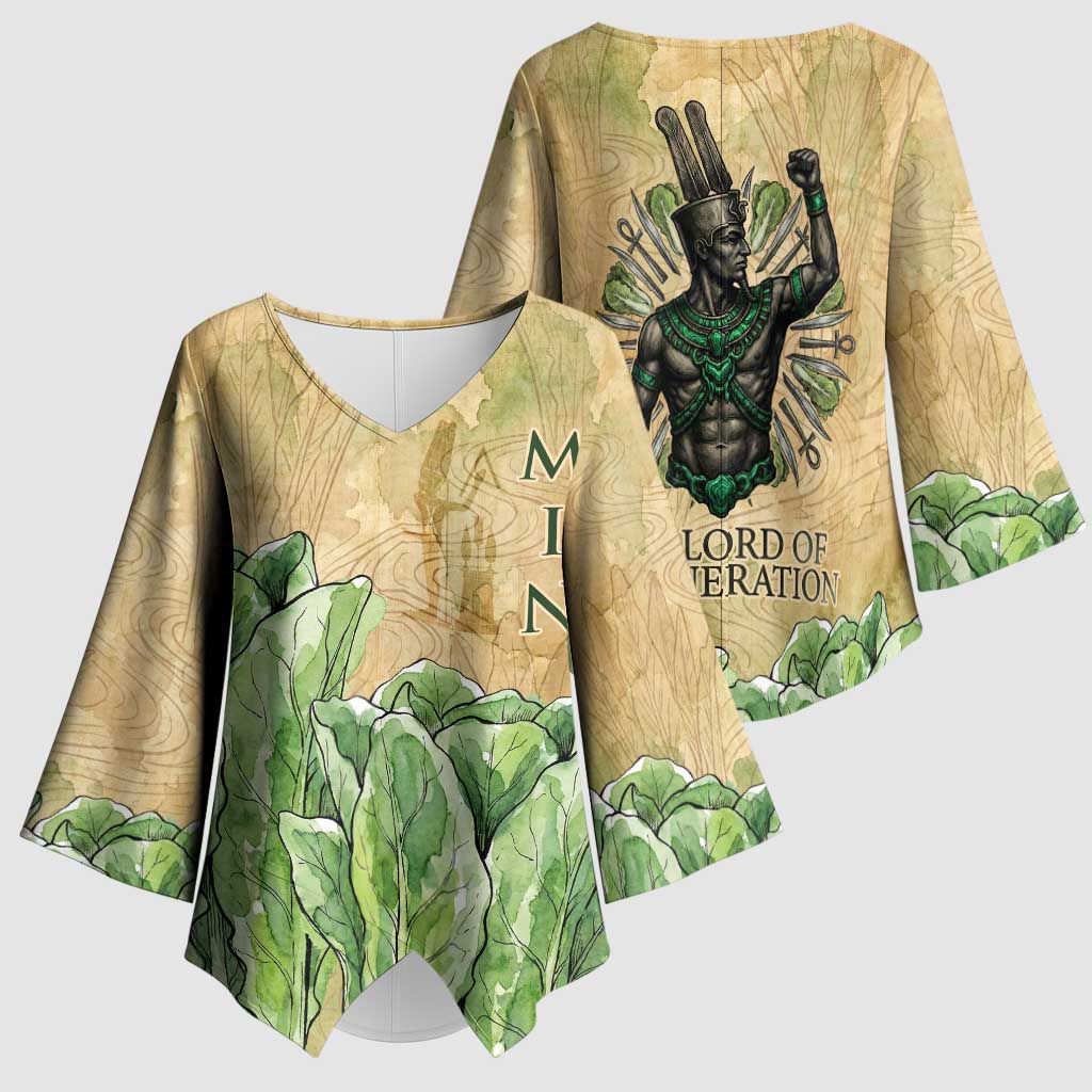 Min Kimono Sleeve Blouse Egyptian God of Fertility Lord of Generation Lettuce Ancient