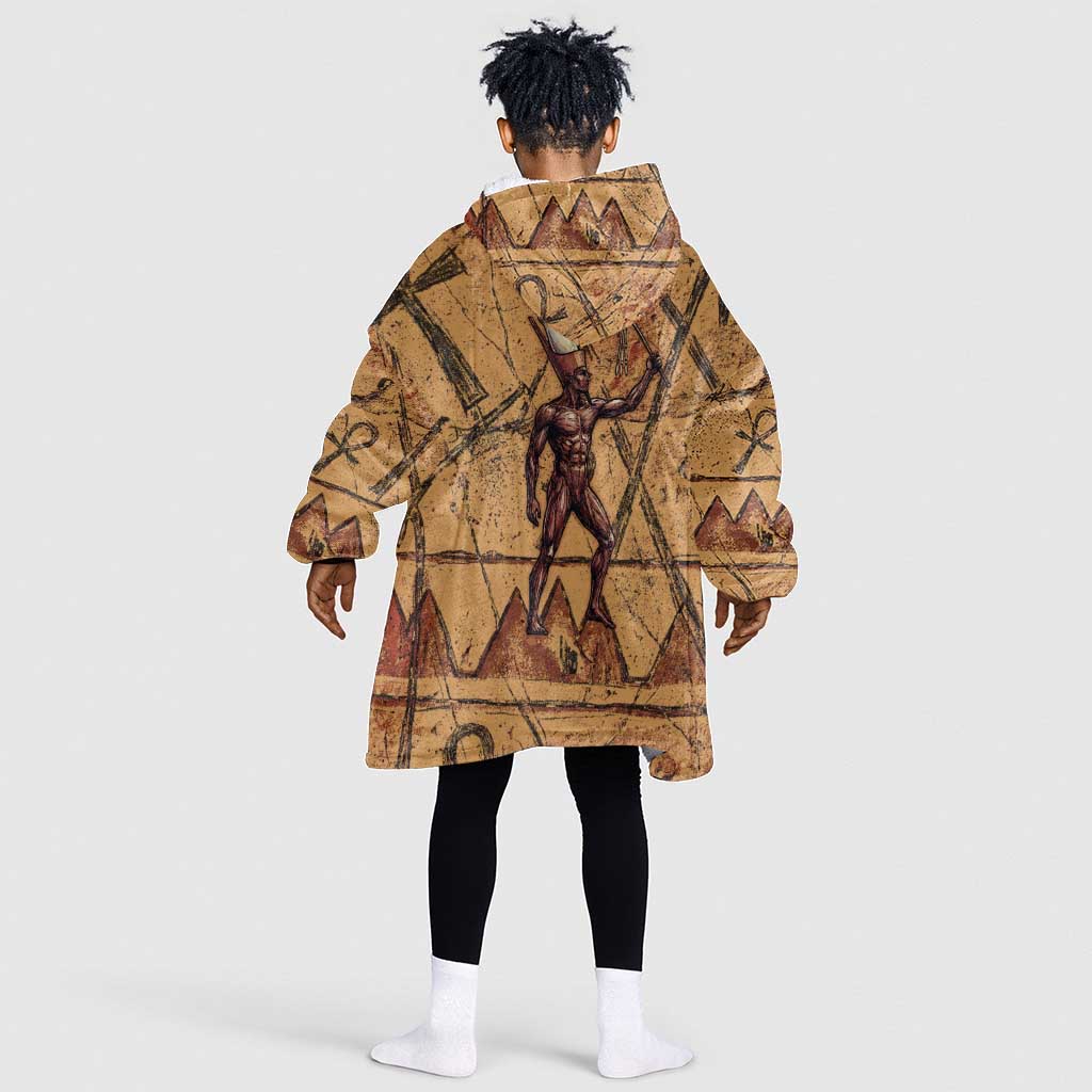 Min Ancient Egyptian Kid Wearable Blanket Hoodie Fertility Symbol Sandstone Ankh Pyramid Pattern
