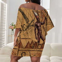 Min Ancient Egyptian Off Shoulder Short Dress Fertility Symbol Sandstone Ankh Pyramid Pattern