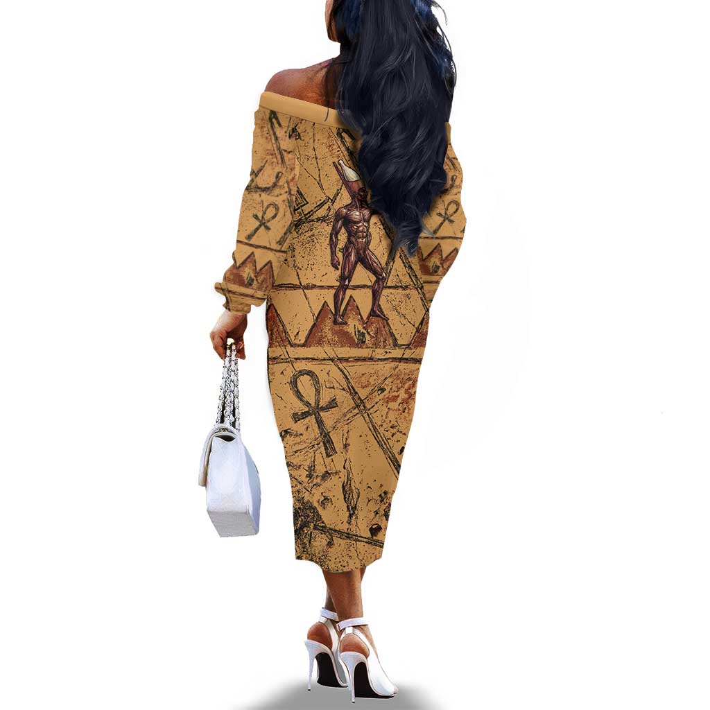 Min Ancient Egyptian Off The Shoulder Long Sleeve Dress Fertility Symbol Sandstone Ankh Pyramid Pattern