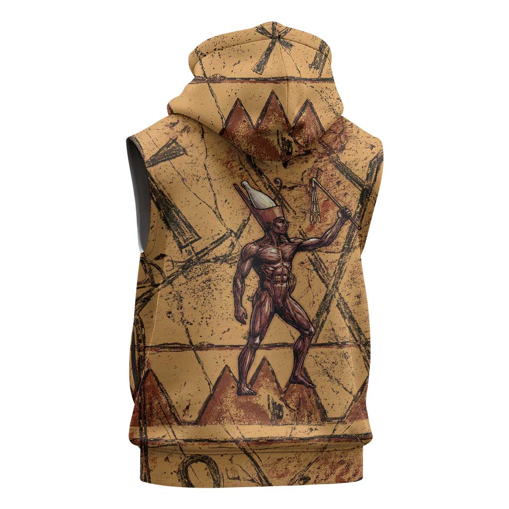 Min Ancient Egyptian Sleeveless Zip Hoodie Fertility Symbol Sandstone Ankh Pyramid Pattern