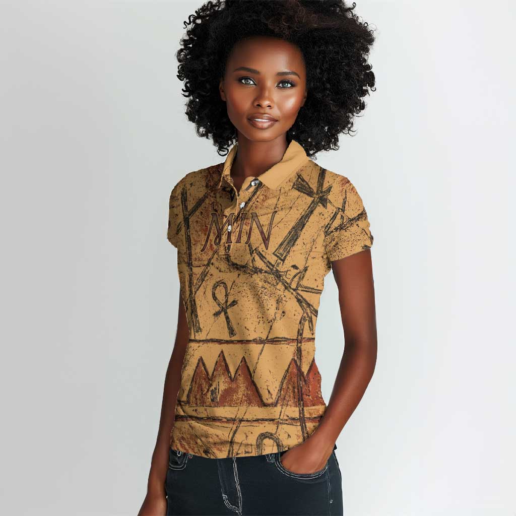 Min Ancient Egyptian Women Polo Shirt Fertility Symbol Sandstone Ankh Pyramid Pattern