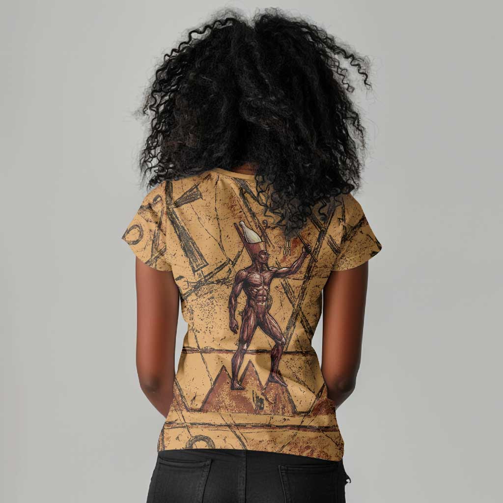Min Ancient Egyptian Women V-Neck T-Shirt Fertility Symbol Sandstone Ankh Pyramid Pattern