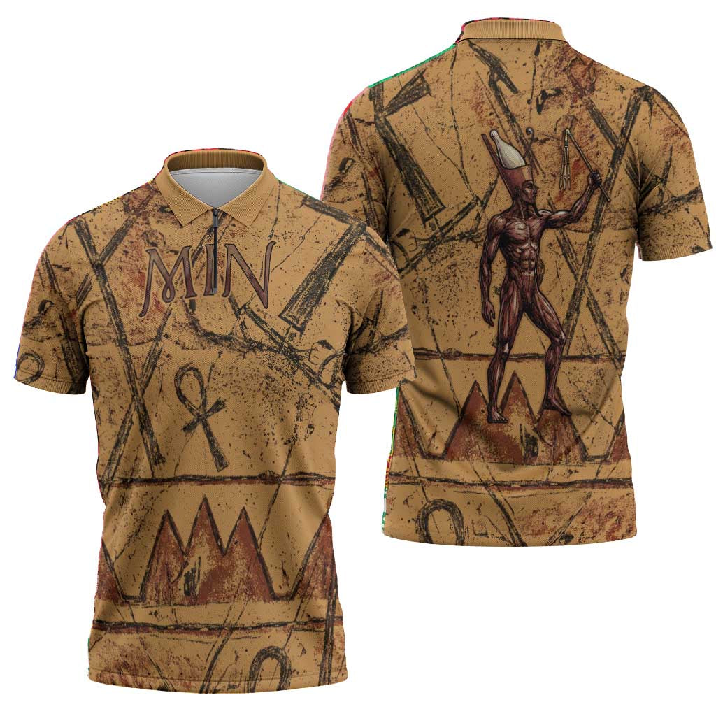 Min Ancient Egyptian Zipper Polo Shirt Fertility Symbol Sandstone Ankh Pyramid Pattern