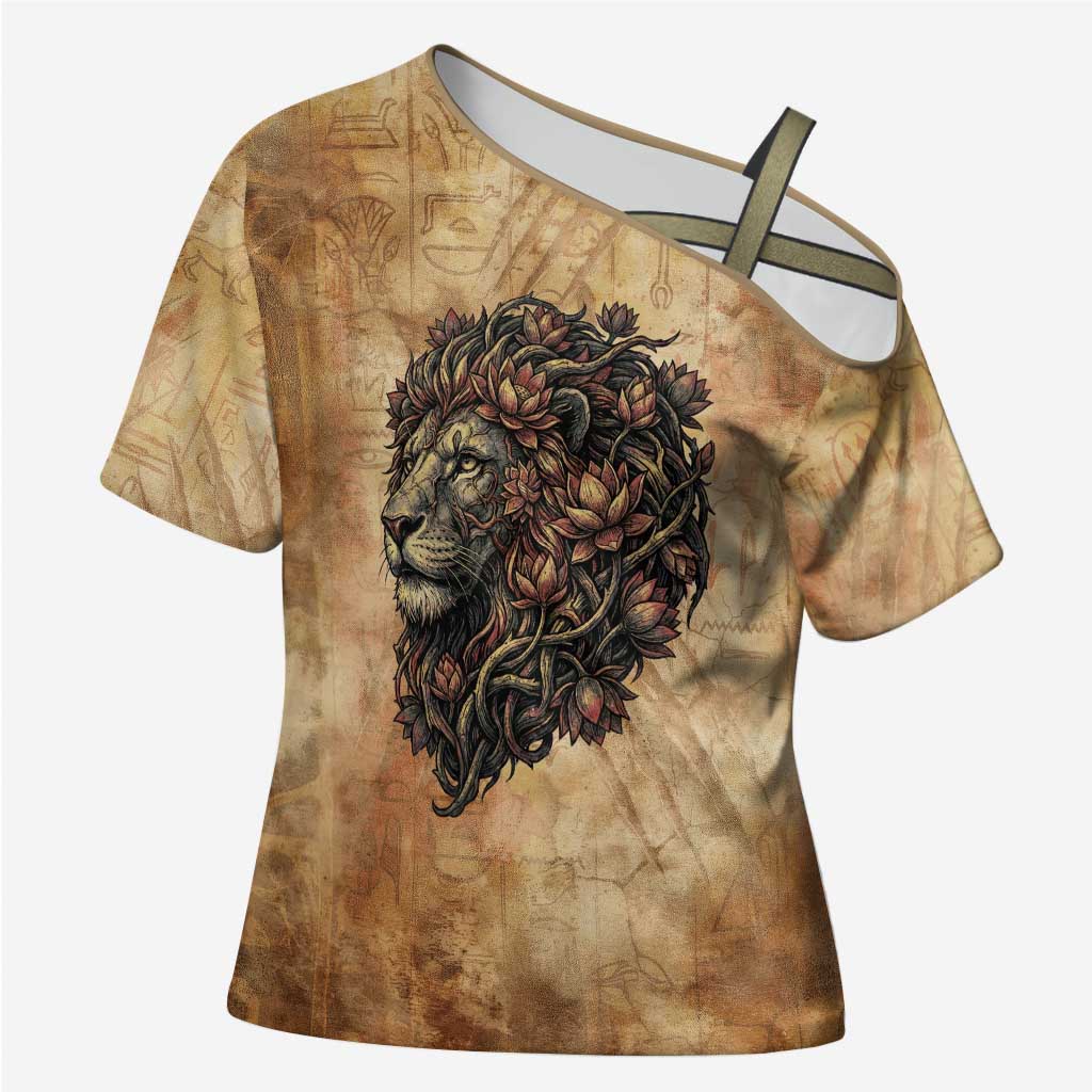 Nefertem Ancient Egyptian Cross Shoulder Shirt Lion Head Lotus Flowers Incense Smoke Ancient