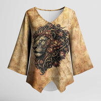 Nefertem Ancient Egyptian Kimono Sleeve Blouse Lion Head Lotus Flowers Incense Smoke Ancient