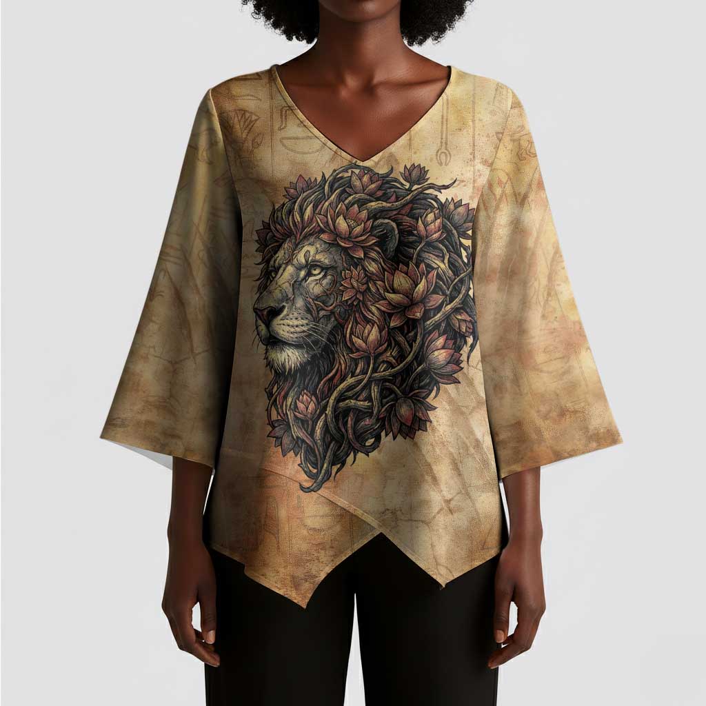 Nefertem Ancient Egyptian Kimono Sleeve Blouse Lion Head Lotus Flowers Incense Smoke Ancient