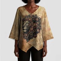 Nefertem Ancient Egyptian Kimono Sleeve Blouse Lion Head Lotus Flowers Incense Smoke Ancient